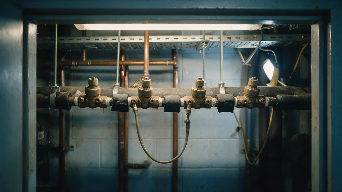 A row of bronze double-regulating balancing valves teed off a chilled-water branch header, pipe insulation cut back at each valve and a manometer hose clipped to a pressure test point