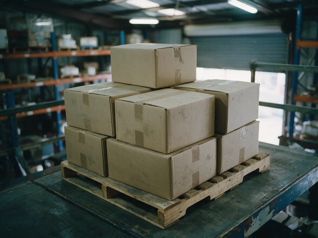 A stack of sealed cardboard cartons on a timber pallet