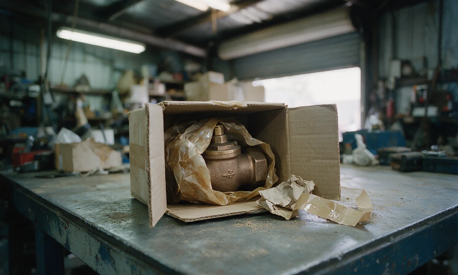 An opened carton on a workbench, a bronze valve half unwrapped from oiled paper inside it