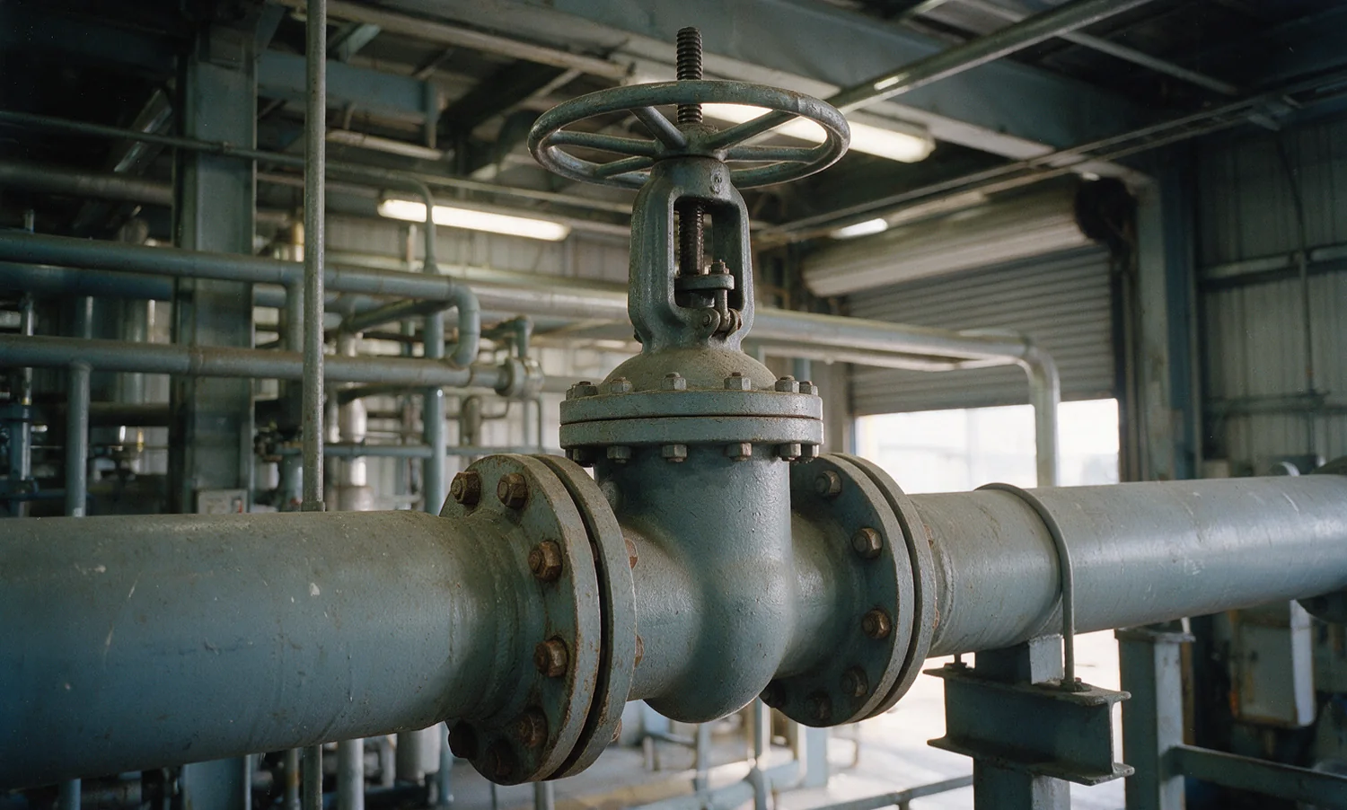 A large flanged gate valve in a horizontal process line, its rising stem visible in the yoke under a spoked handwheel