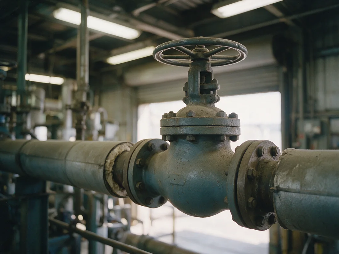 A flanged globe valve in a horizontal line, its bulbous body and bolted bonnet under a spoked handwheel