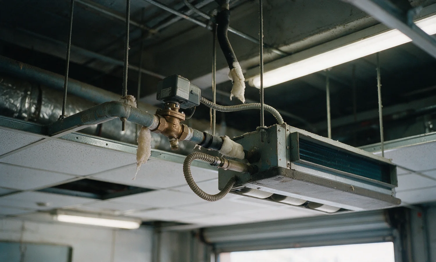 A small bronze control valve with a compact actuator, fitted to a branch pipe above a suspended ceiling with hoses running to a fan coil unit