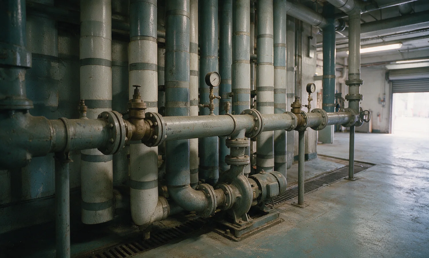 A commercial building plant room: lagged riser pipes and a horizontal header with small inline valves and pressure gauges