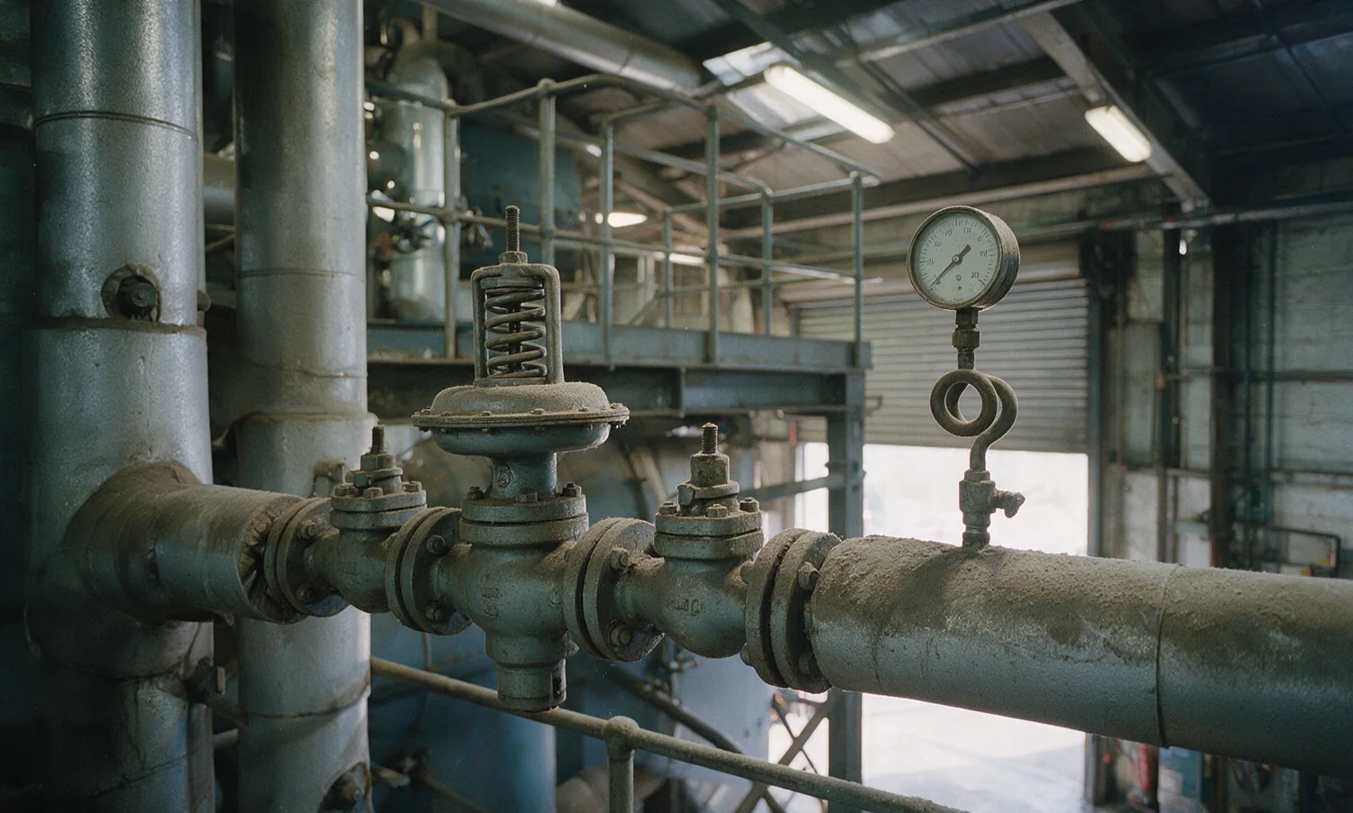 A pressure-reducing station teed off an insulated steam header: a regulating valve between isolation valves, with a pressure gauge on a siphon