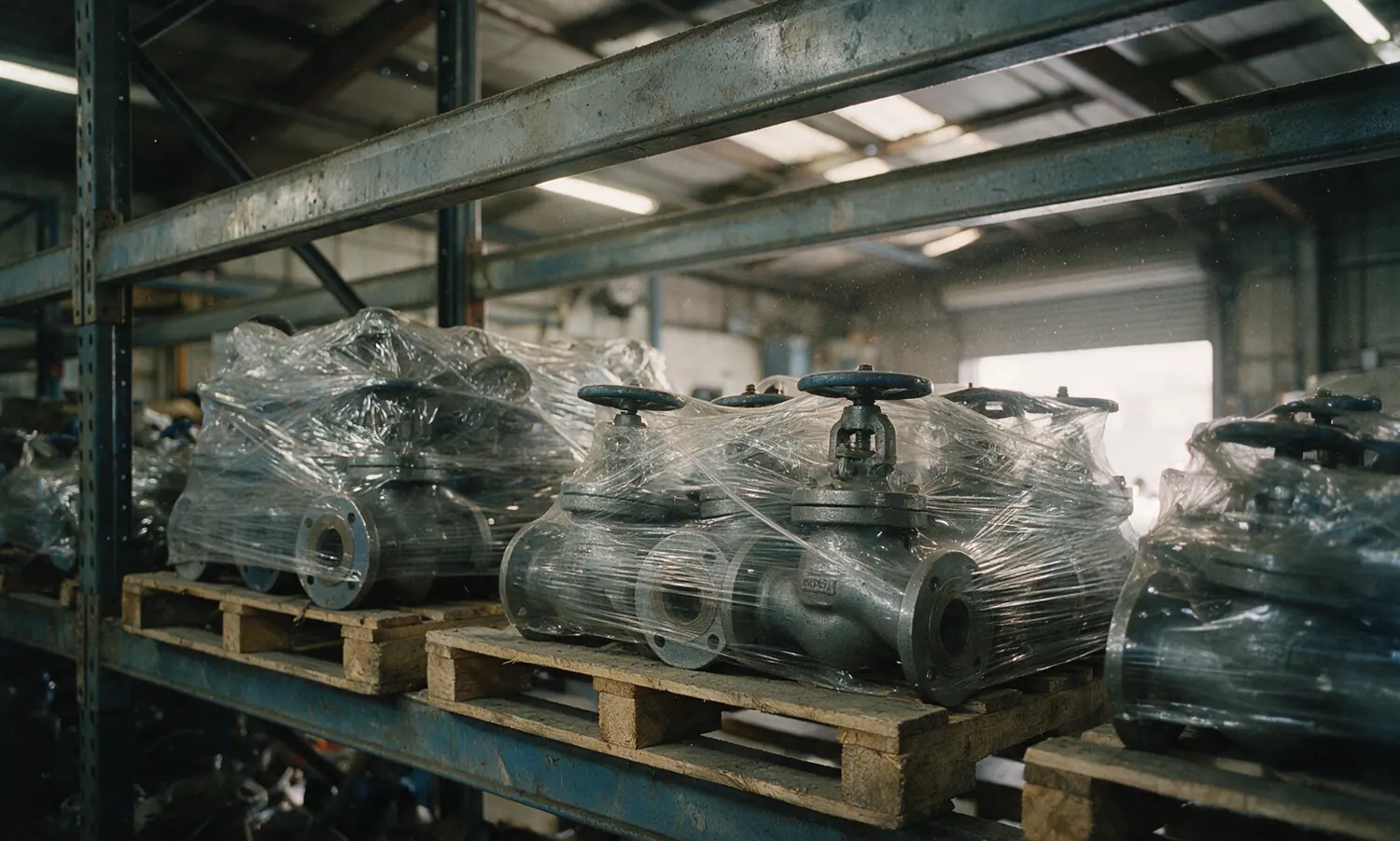 Pallets of valves wrapped in clear stretch film in a racking bay