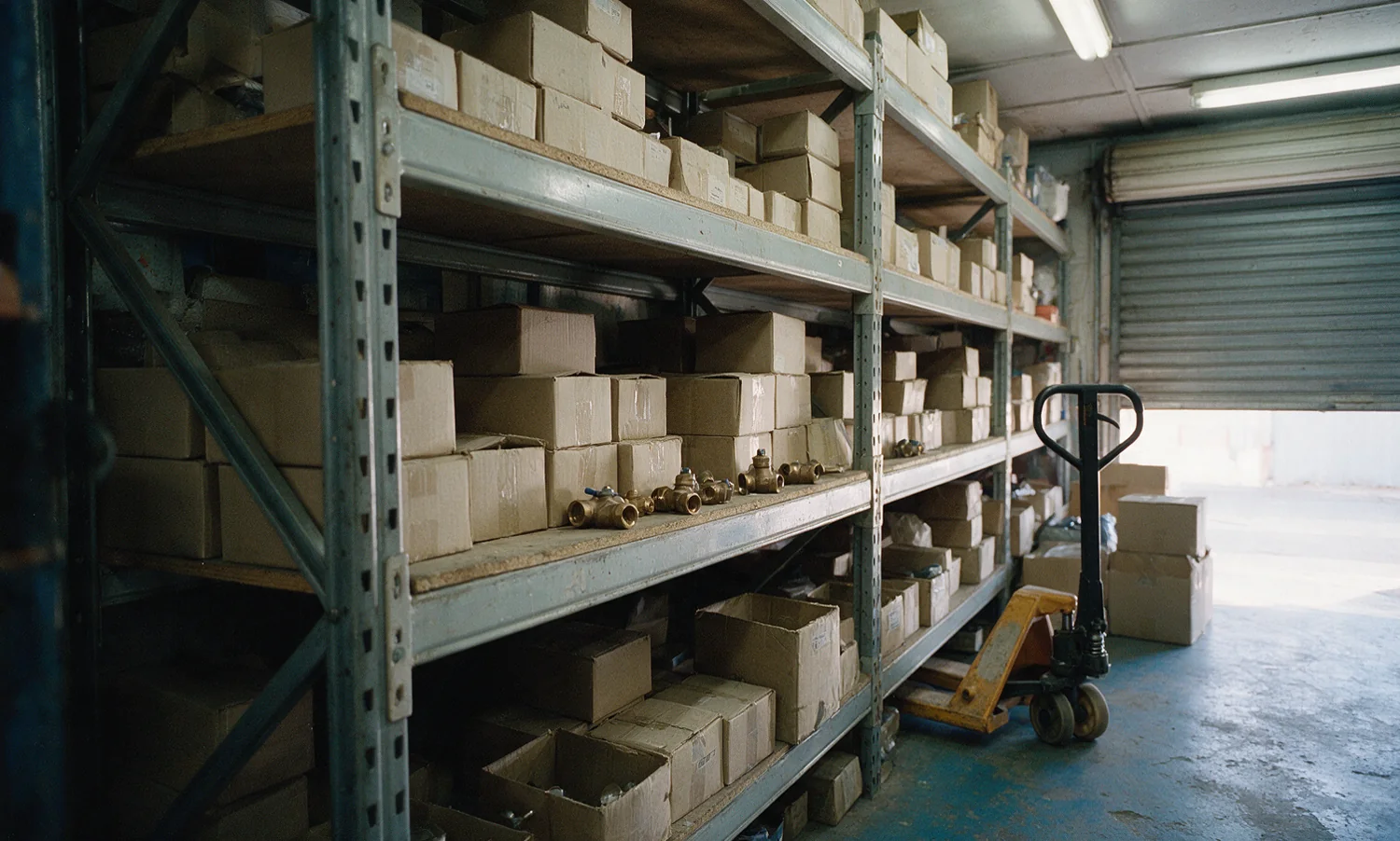 A bay of steel shelving filled with cartons and loose bronze valves, a hand pallet truck standing beside it