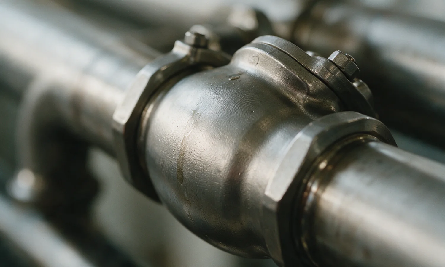 Close-up of the polished stainless steel body of a valve installed in a line