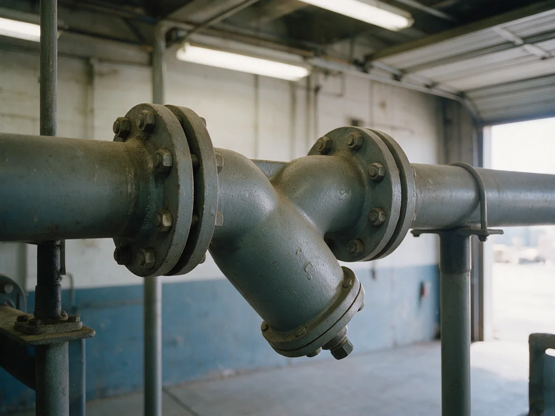 A flanged Y-pattern strainer bolted into a horizontal pipeline, its blowdown plug pointing down