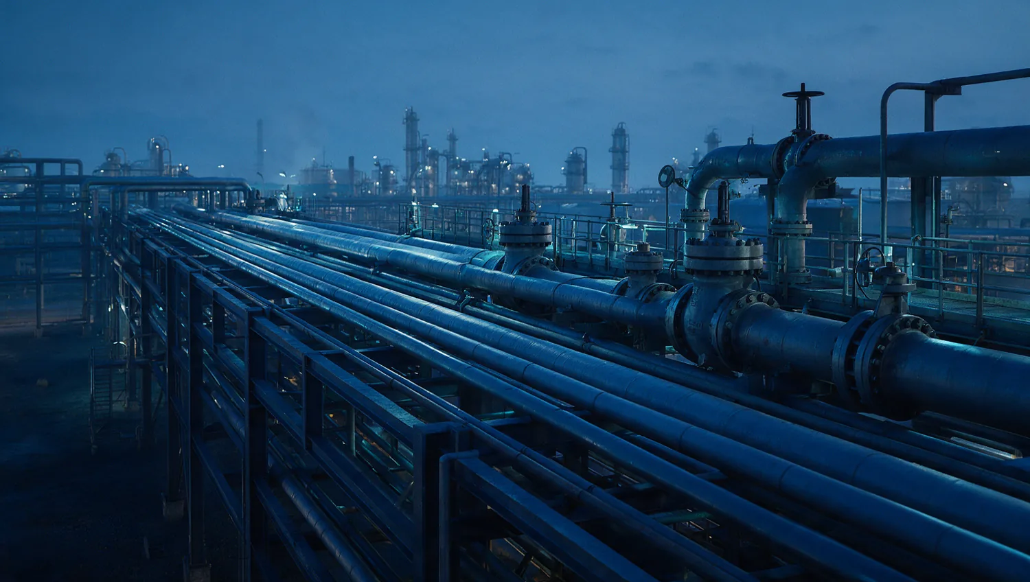 A petrochemical plant pipe rack at blue hour: long parallel runs of large-bore pipework with heavy flanged valves and walkways