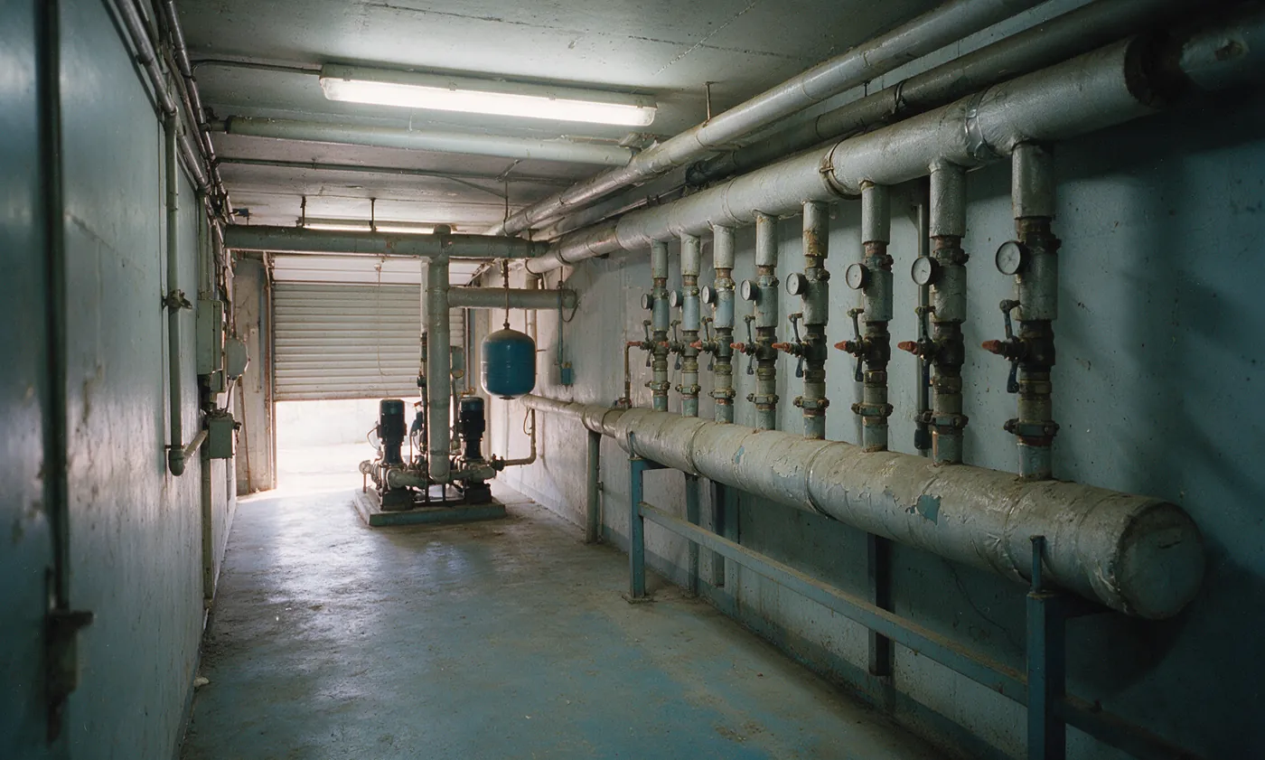 Insulated riser pipework and inline valves in a commercial building plant room