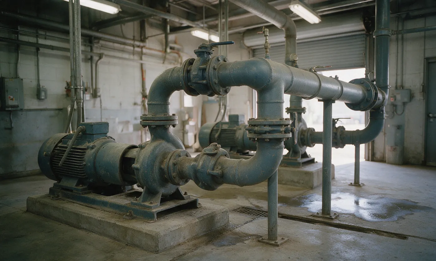 A pump station discharge manifold, two pumps feeding a common header through check valves and isolation valves