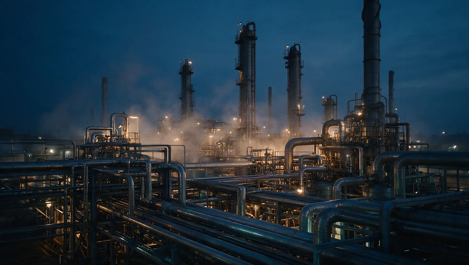 A palm oil refinery process area at dusk: stainless process piping, insulated steam lines and tall columns behind