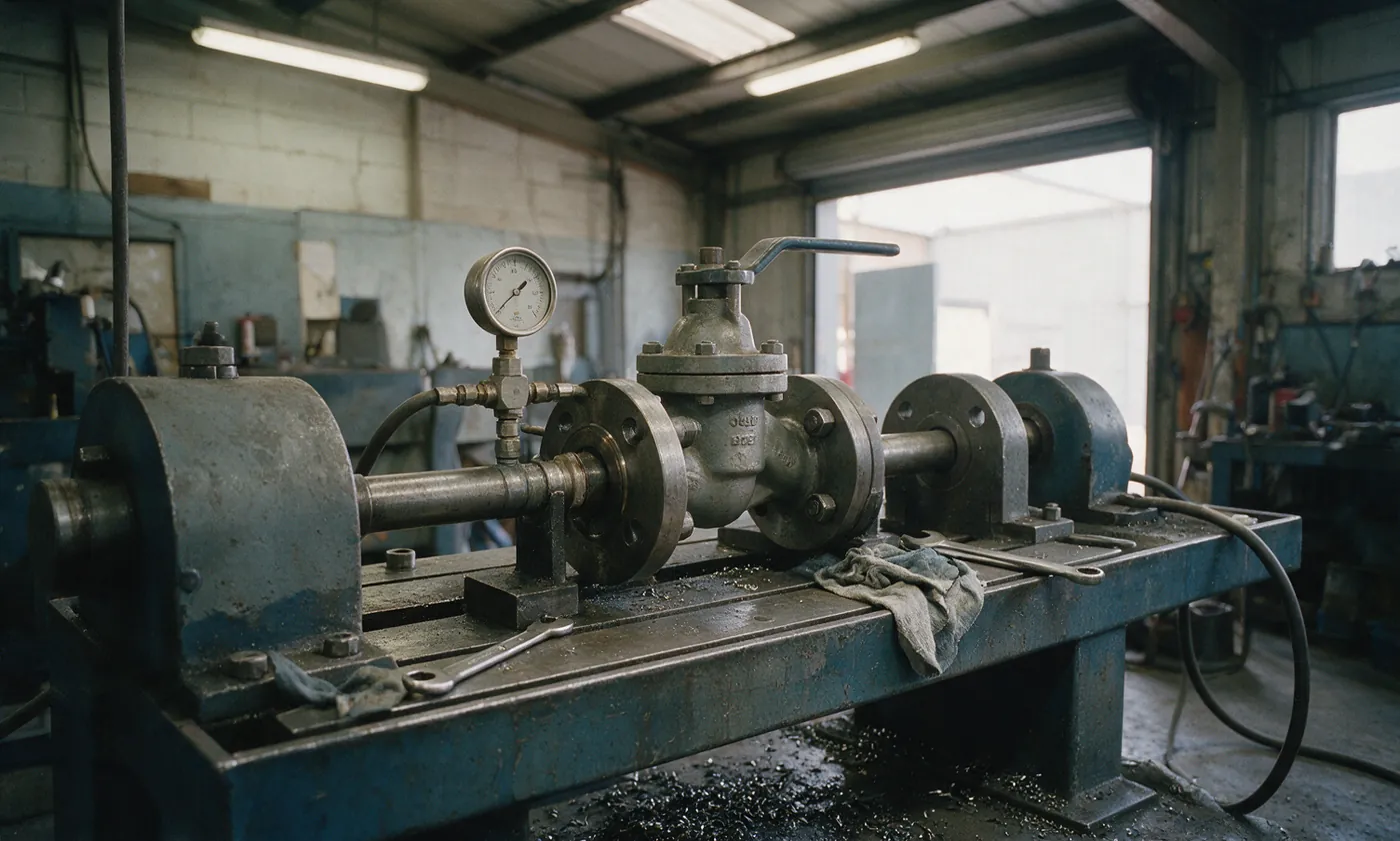 A flanged valve clamped on a hydrostatic test bench with a pressure gauge on the manifold beside it