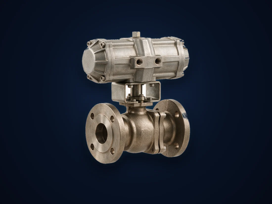 A pneumatic rack-and-pinion actuator mounted on a quarter-turn ball valve