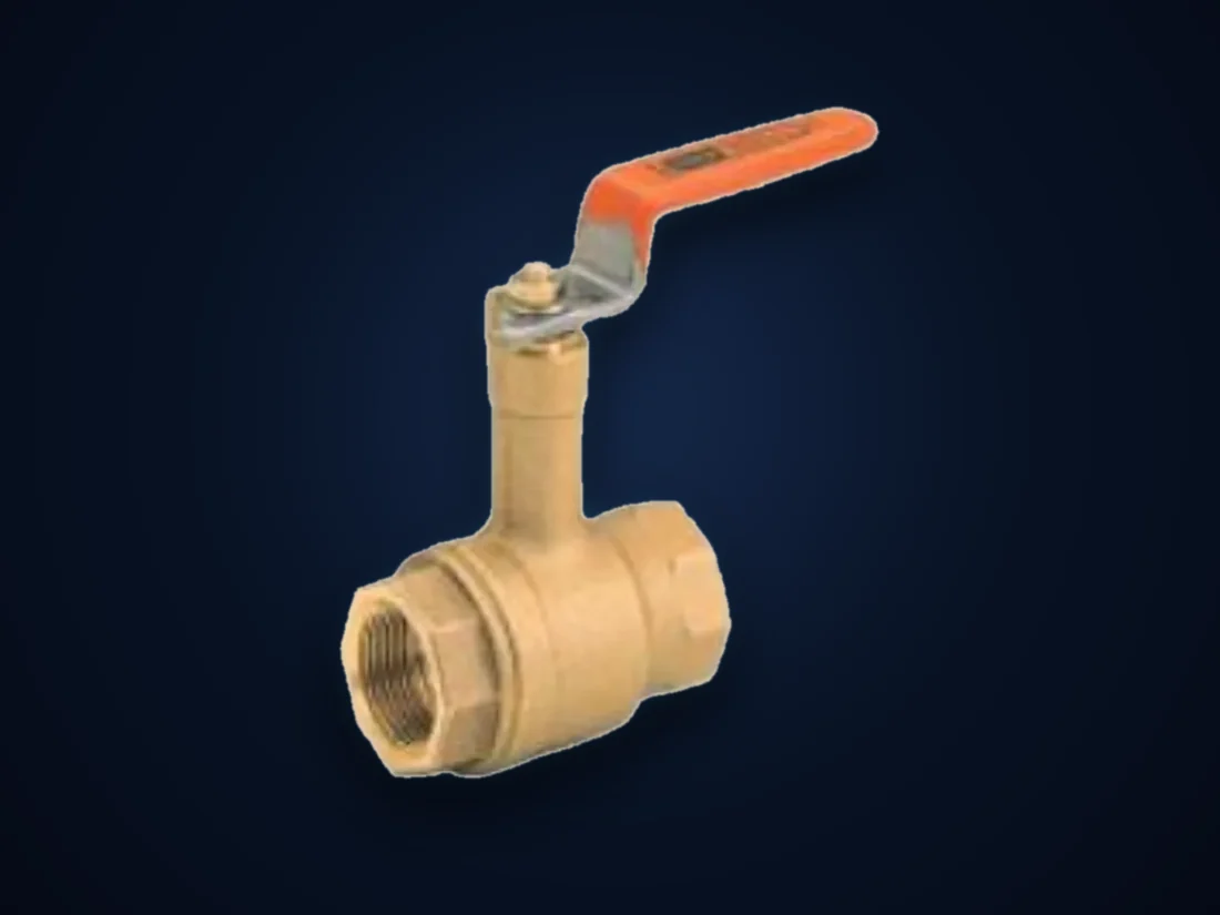 A brass ball valve with an orange lever handle and threaded ends