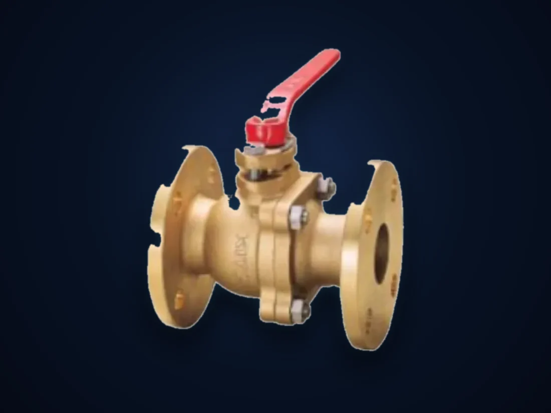 A bronze flanged ball valve with a red lever handle