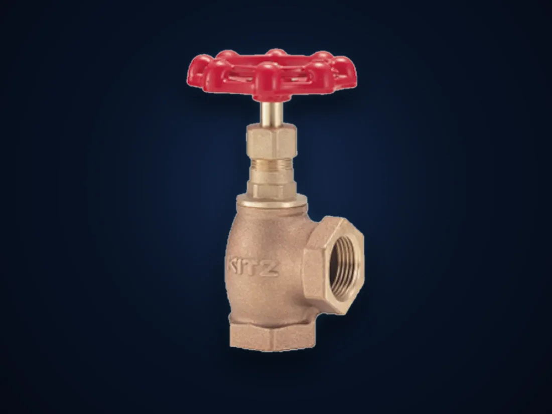 A bronze angle-pattern globe valve with a red handwheel