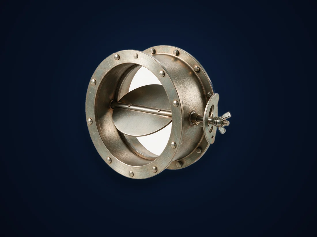 A round industrial damper with radial blades and an external operating lever