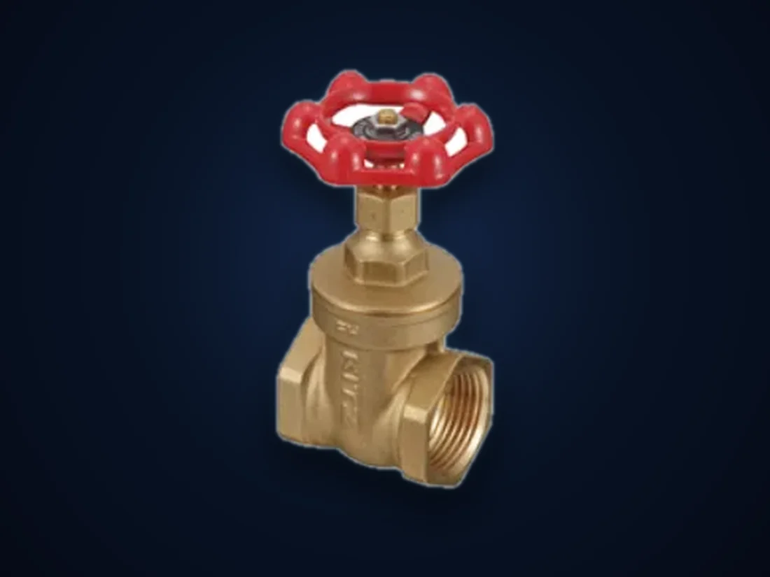 A bronze gate valve with a red handwheel and threaded ends