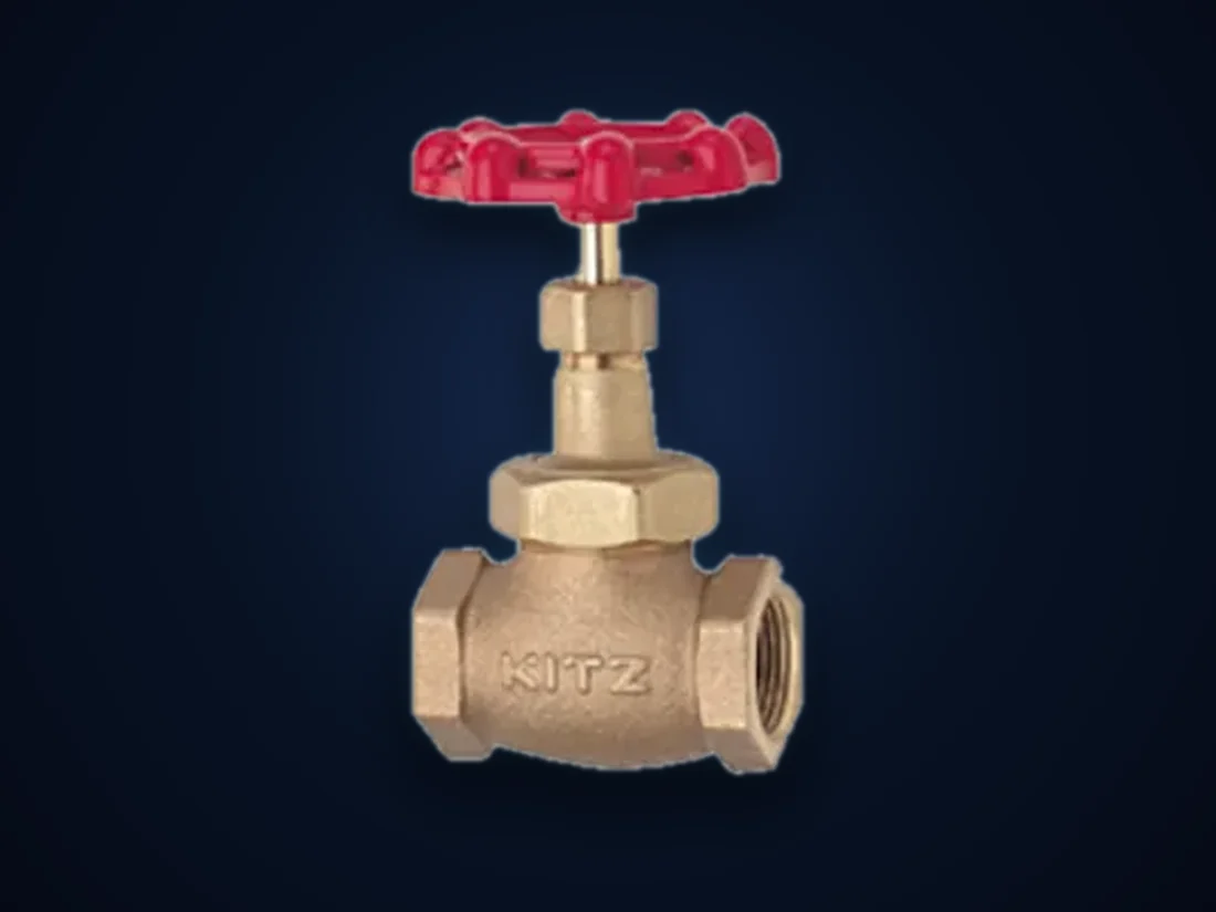 A bronze globe valve with a red handwheel and threaded ends