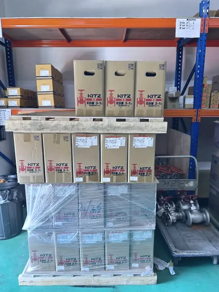 Pallets of boxed KITZ valves stacked in the warehouse